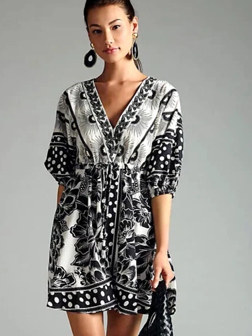 FARM Rio Black and White Floral Polka-Dot Mini Dress